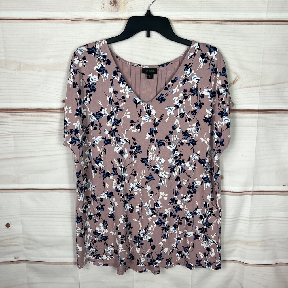 J Jill Top Womens PM Purple Floral Wearever Tunic T-Shirt V-Neck Pleated Back